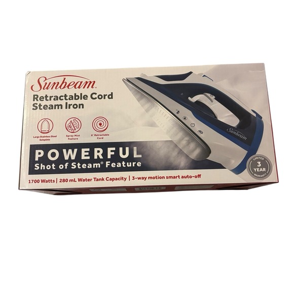 NEW Sunbeam 1700W Steam Iron Retractable Cord Shot of‎ Steam Auto Shut-Off - Picture 4 of 4